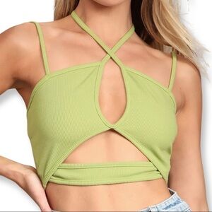 NWT Lulus Green Ribbed Strappy Halter Crop Top with Crisscross Front - Size XL